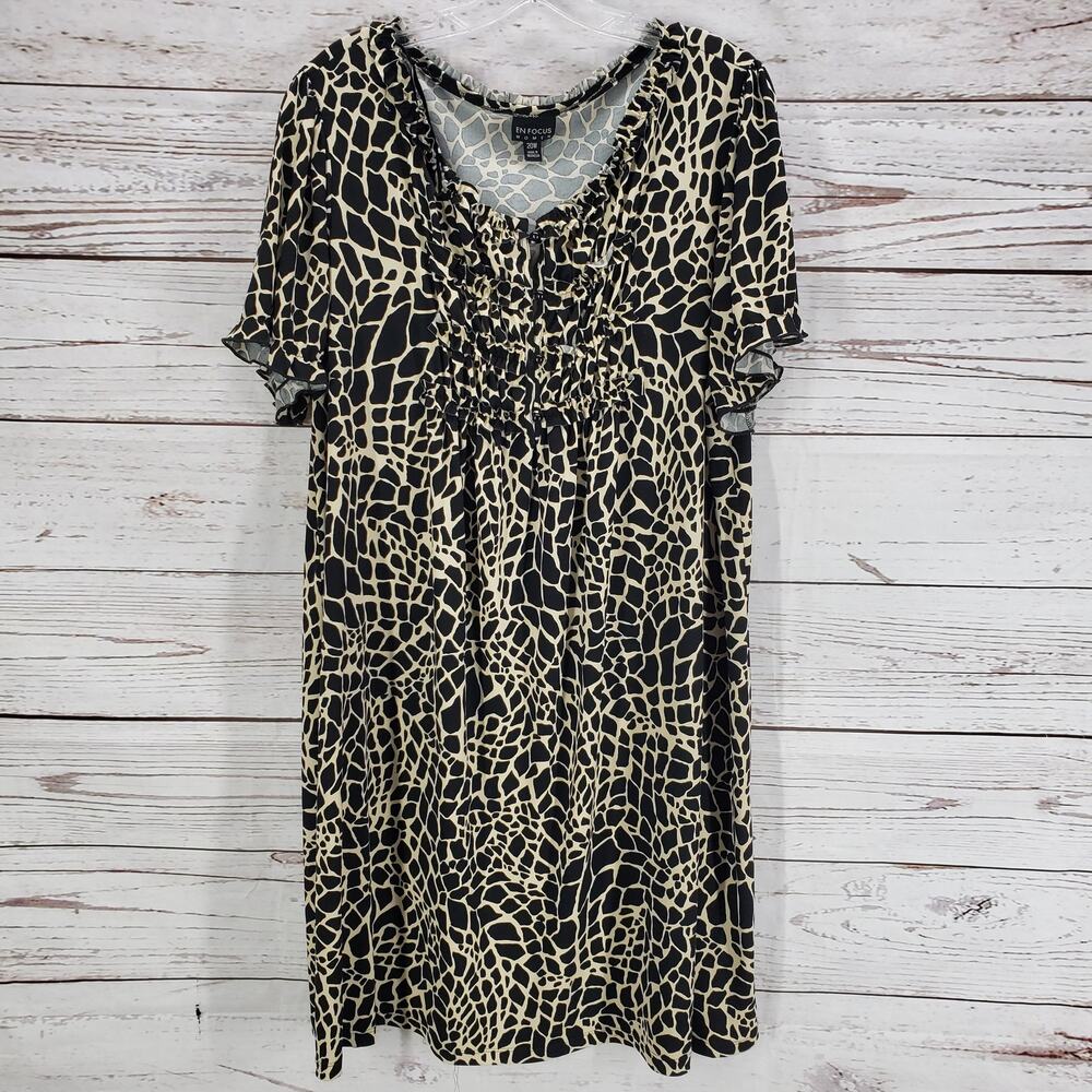 EN FOCUS Women's Black Brown Ruffle Front Short Sleeve Dress Size 20W